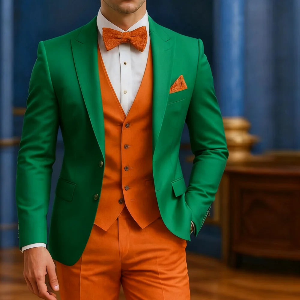 Men's white and orange 3-piece tuxedo by Showlu Fashion Store, formal suit for wedding, graduation, or special occasions, traditional style.