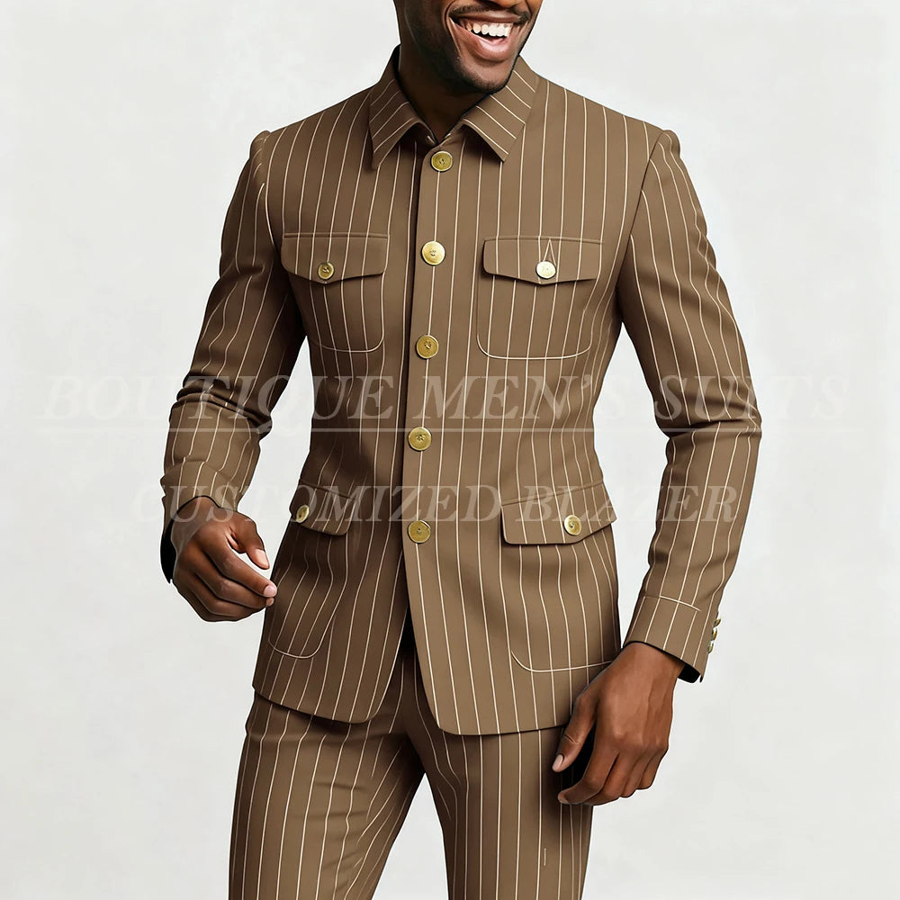 Elegant men's pinstripe suit set with single-breasted jacket and slim-fit pants, featuring stand lapel, shown in the image.