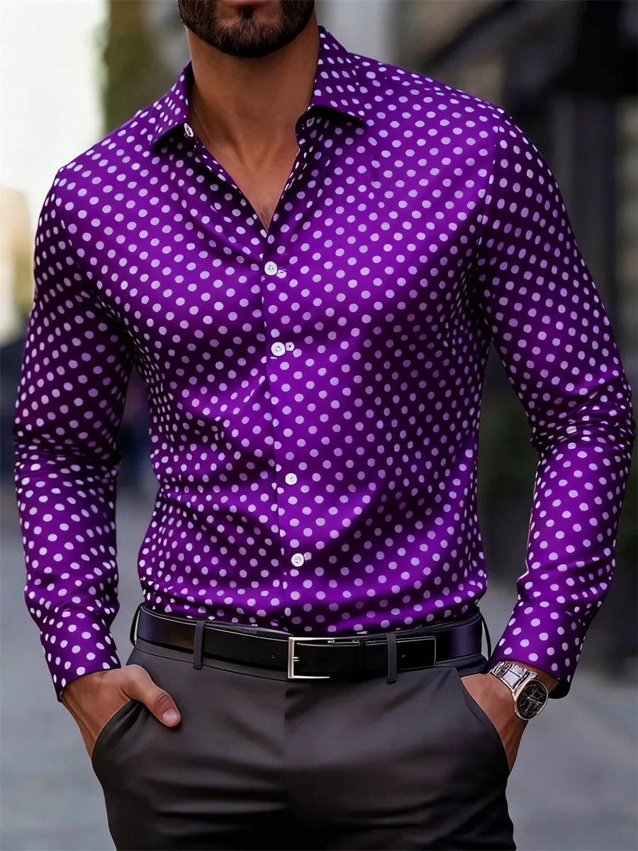 Men's slim-fit polka dot print long-sleeved shirt by Showlu Fashion, ideal for business casual and daily commuting.