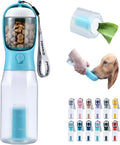 Showlu 3-in-1 portable dog water bottle with food and poop bag holder, compact and convenient for pet travel.