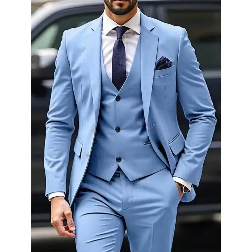 Light blue men's 3-piece slim fit suit with wedding blazer, styled by Showlu Fashion, displayed on a hanger.