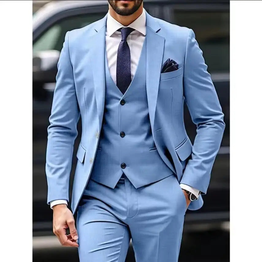 New Light Blue Men Suits 3 Piece Jacket Pants Vest Single Breasted Notch Lapel Formal Wedding Blazer High Quality Costume Homme SHOWLU FASHION STORE