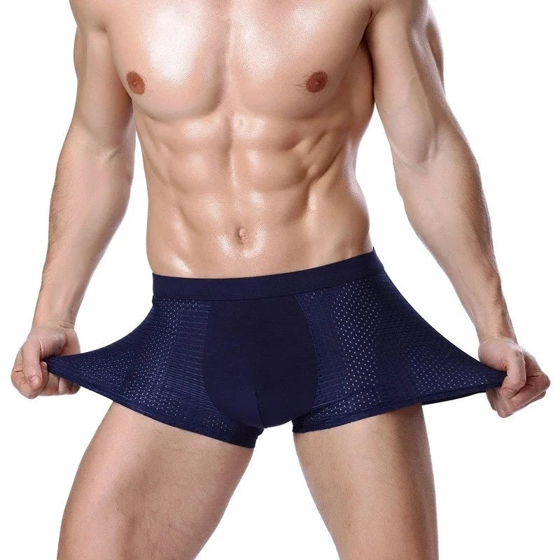 Showlu Men's Ice Silk Boxer Briefs 4-pack with breathable mesh fabric, soft and comfortable men's underwear in a sleek design.
