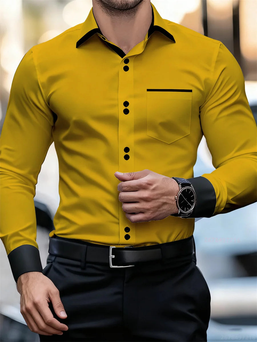 Men's black and white color block collar long sleeve shirt with slim fit, wrinkle-free patchwork design, stylish men's fashion top.