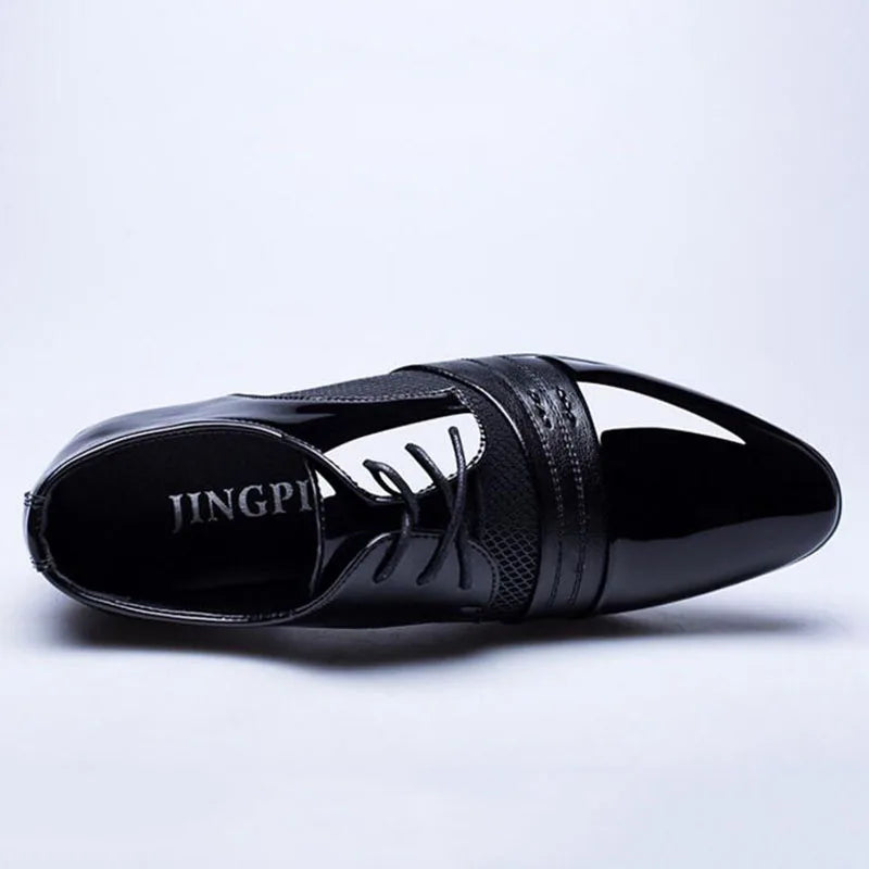 Men's pointed toe leather dress shoes by Showlu Fashion Store, classic formal lace-up flats with sleek design and polished finish.