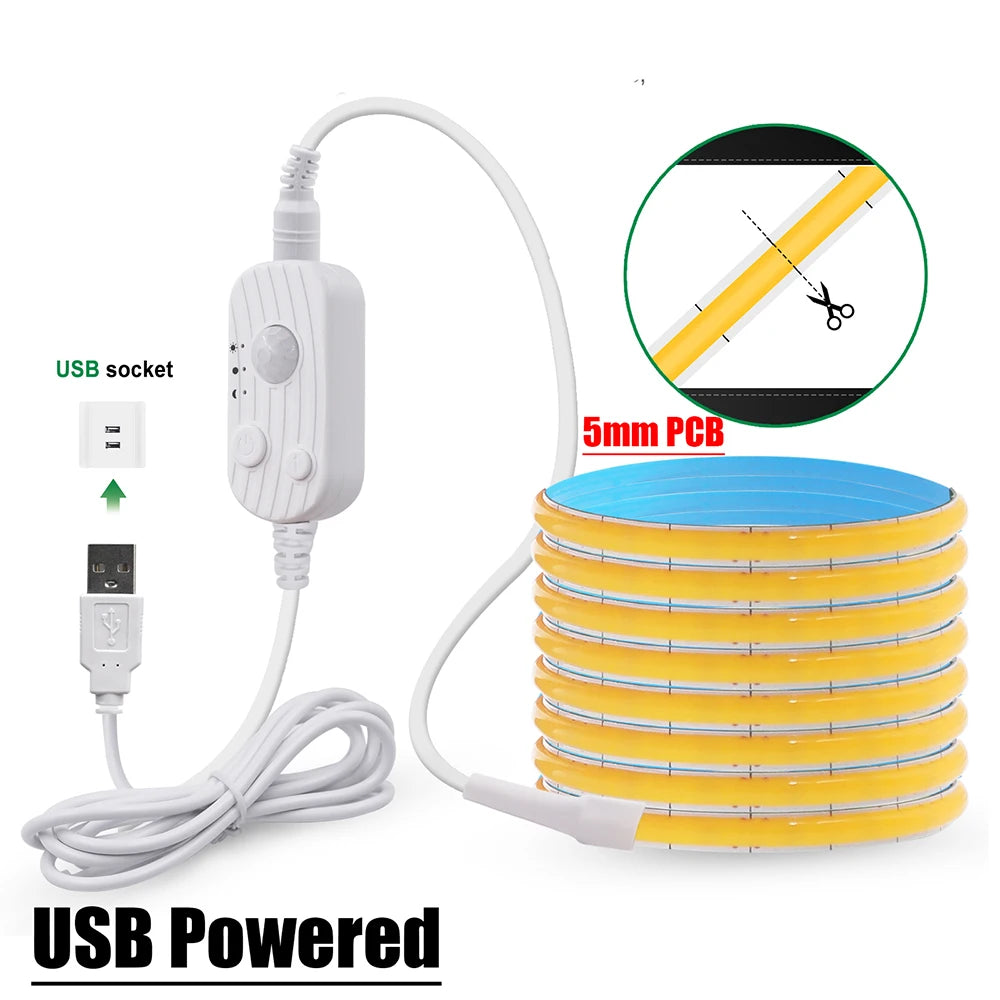 Showlu Smart Motion Sensor LED strip light with 5V USB, featuring automatic motion detection and flexible design.