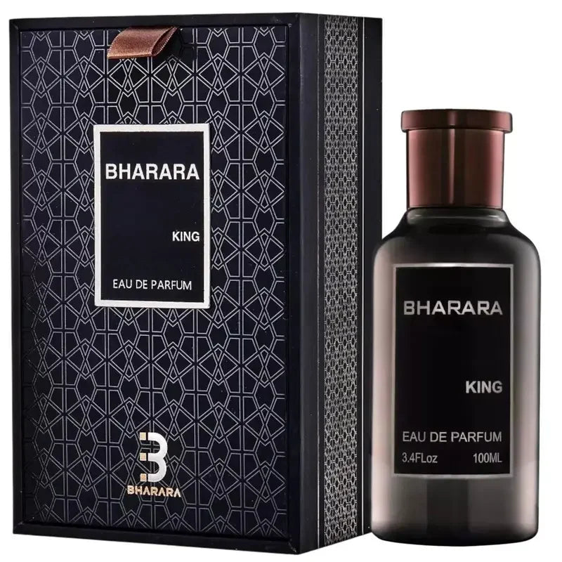 Bharara King Men's Eau de Parfum 100ml bottle with citrus and musk fragrance, showcasing the sleek design and label details.