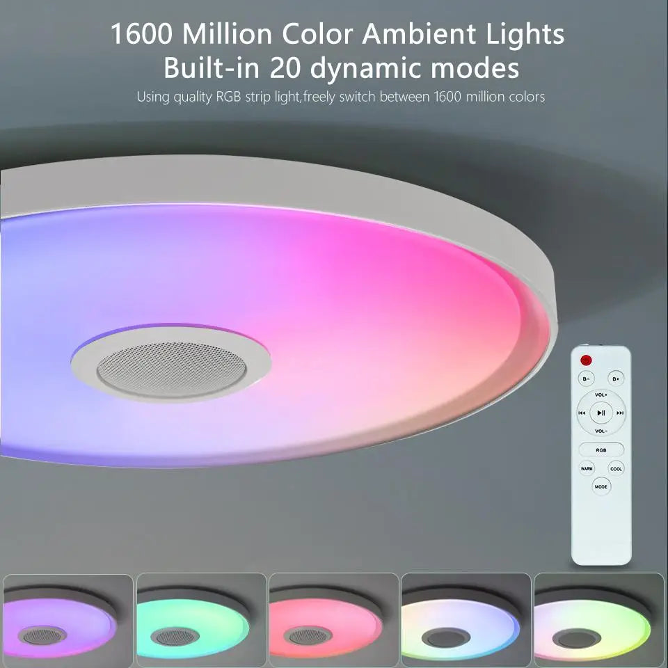 Smart RGB LED ceiling light with Bluetooth speaker and remote control by Showlu Smart General, showcasing colorful lighting and sleek design.