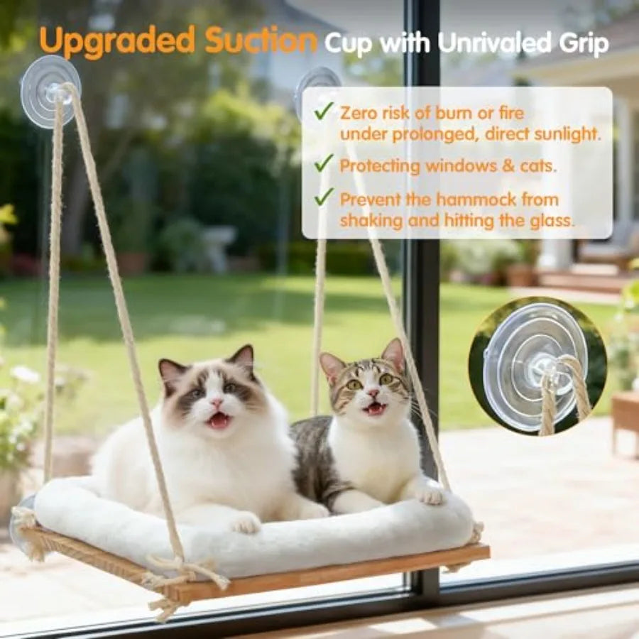 Rustic wooden cat window perch with plush cushion, Showlu Fashion Store solid wood hammock for cats to relax by the window.