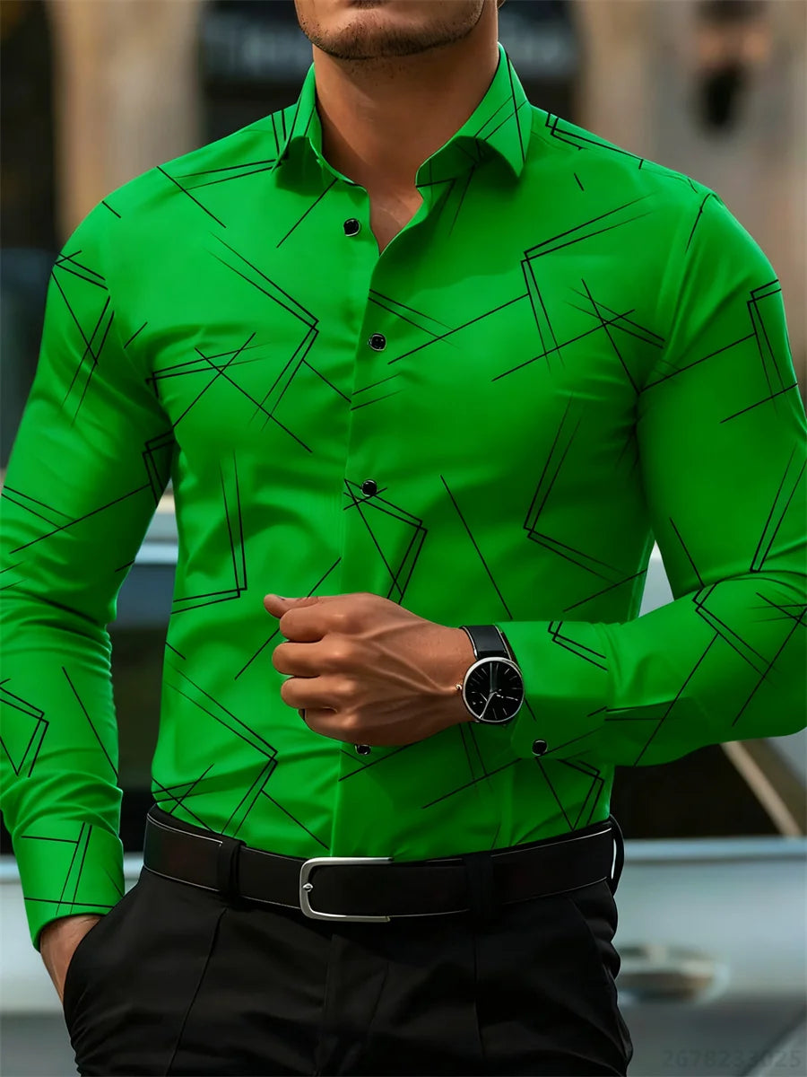 Men's slim fit geometric line print long-sleeved shirt in casual business style, non-iron design by Showlu Fashion Store.
