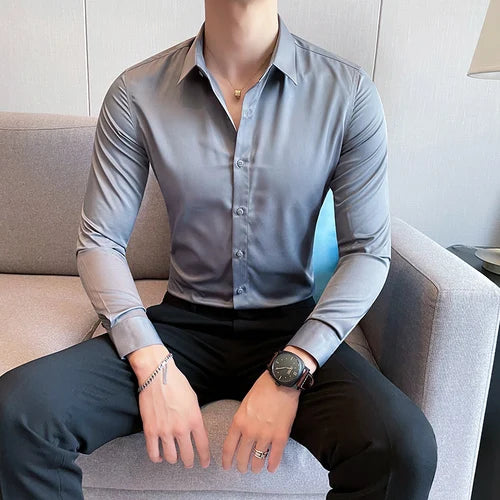 10Color High Quality Solid Dress Shirt Men Simple Long Sleeve Slim Fit Business Shirts Homme Social Casual Shirt Plus Size 5XL-M
