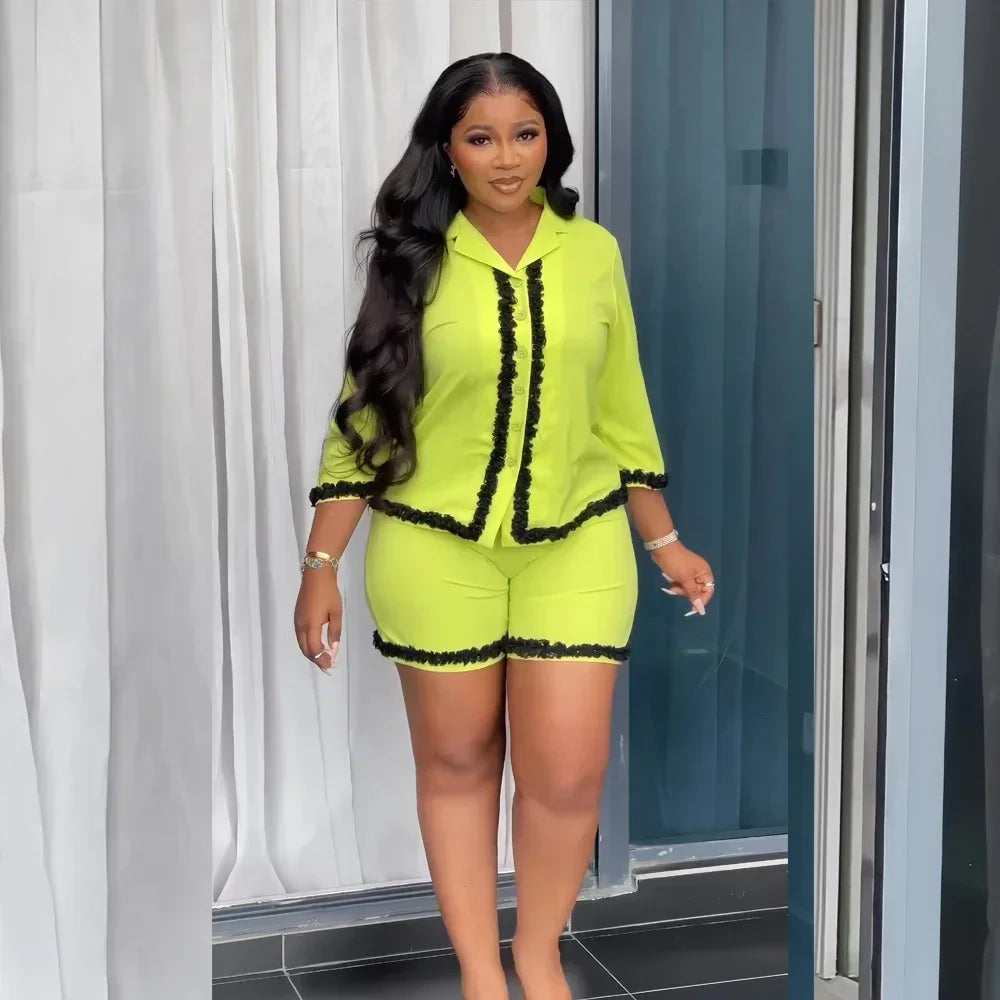 Women Shorts 2pc Spring and Summer New Fashion Suit Women Short-Sleeved Button-Down Shirt Casual Slim Shorts Two-Piece Set traf