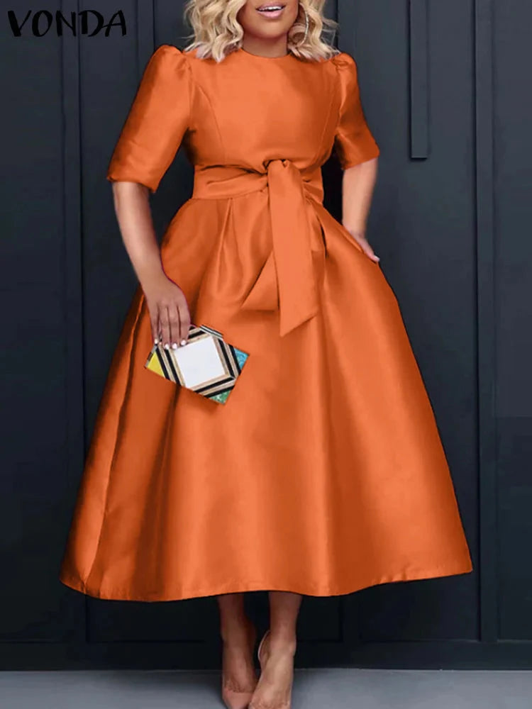 VONDA Women's satin midi dress with short sleeves and belt, elegant belted robe style in soft satin fabric.