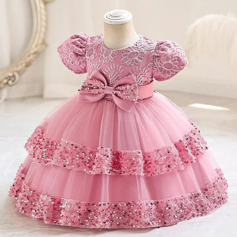 Girls lace bow party dress by Showlu Fashion Store, short sleeve summer ball gown with delicate lace and bow detail.