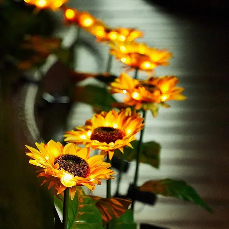 Showlu Smart General solar sunflower LED garden light shining in a garden, energy-efficient outdoor lighting with bright LED bulbs.
