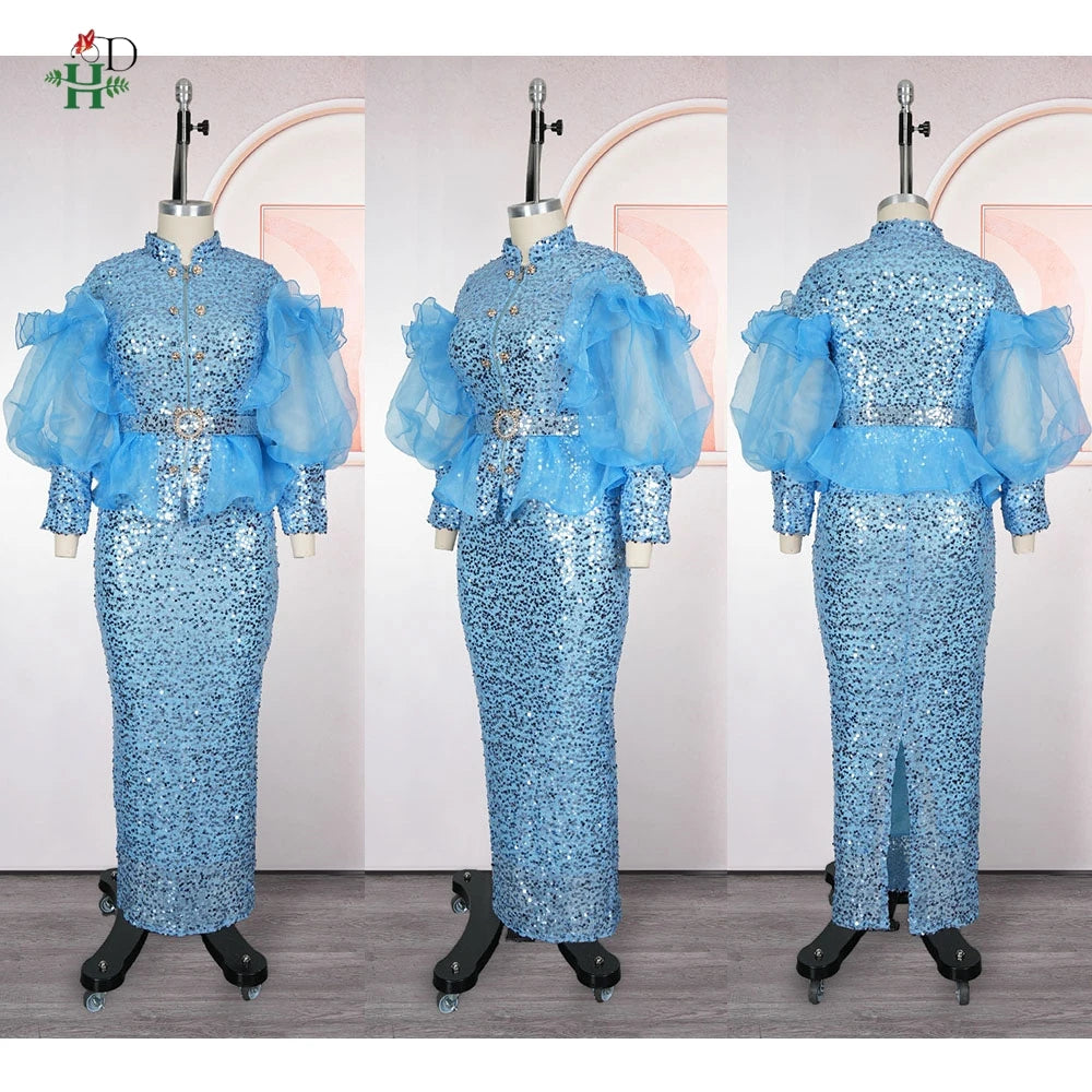H&D African Sequin 2-piece dress set with puffy mesh sleeve top and maxi skirt, featuring vibrant sequin detailing.