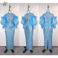 H&D African Sequin 2PCS Dress Set Stand Collar Top Puffy Mesh Sleeves Matching Maxi Skirt For Weddings Galas and Formal Parties