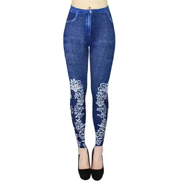 Denim look print high waist tummy control butt lift leggings for women, slim fit spring summer fashion, Showlu brand.