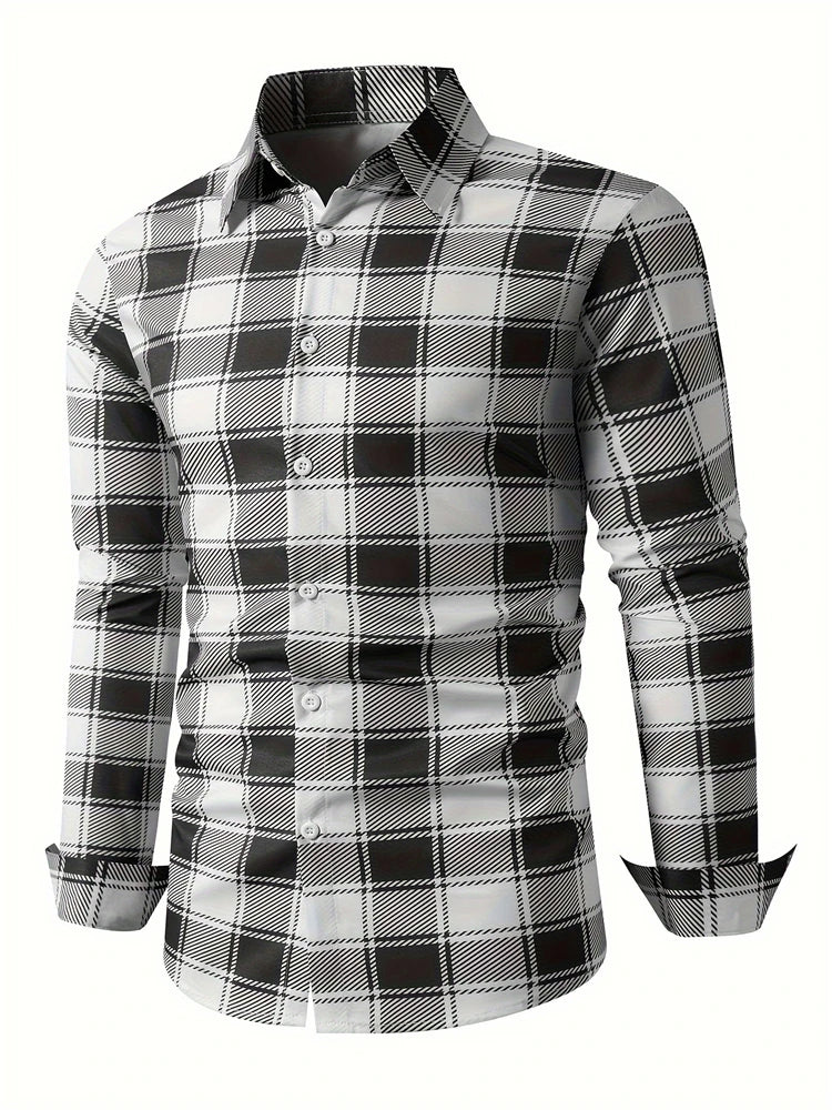 Men's long sleeve shirt with square stripe 3D print and animal pattern, casual button-down design, autumn fashion by Showlu.