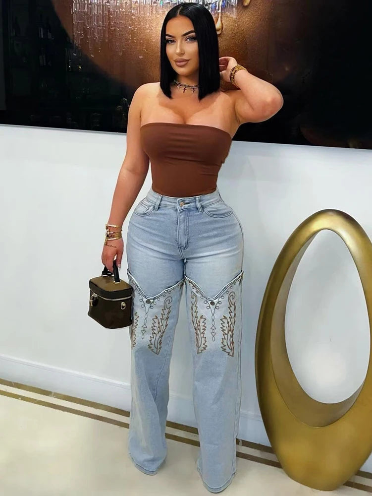 Vintage embroidery denim trousers for women, high waist straight leg jeans with summer fashion style, casual streetwear from Showlu Fashion.