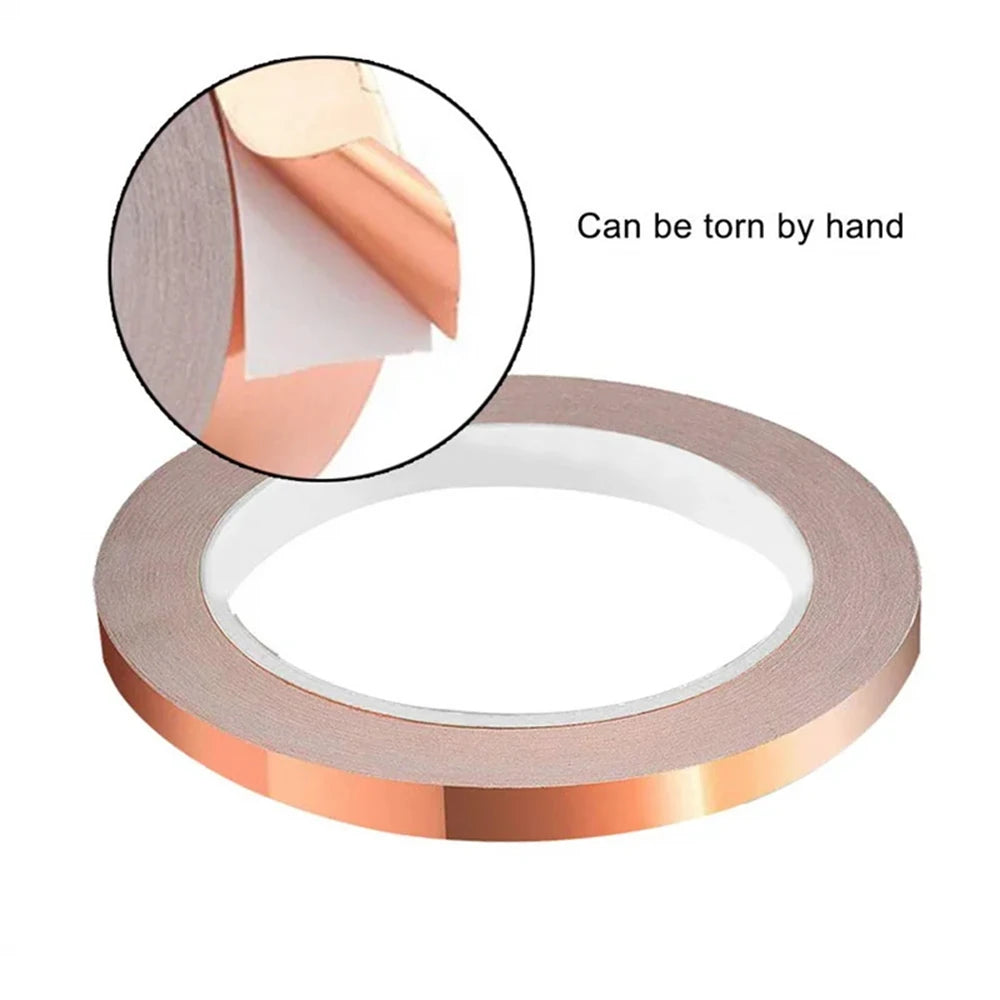 Copper foil tape with conductive shielding, single-sided, 20M length, used for DIY stain glass and home appliance electrical projects.