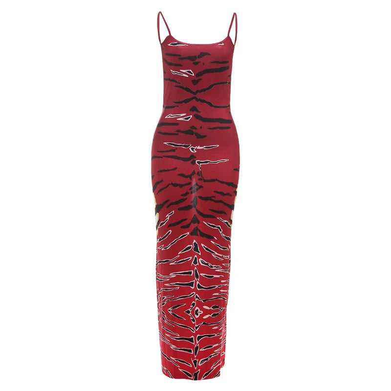 Backless printed sleeveless sling dress with low-cut neckline, tight fit, wrapped hips, ideal for summer parties and holidays.