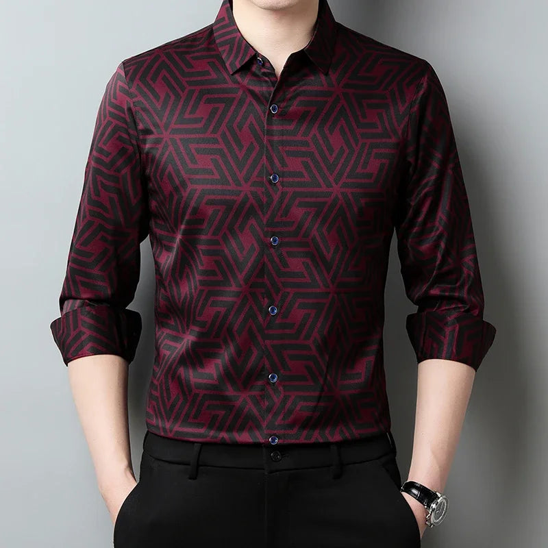 Men's casual printed long-sleeved lapel shirt by Showlu Fashion Store, wrinkle-free spring and autumn top, comfortable and stylish.