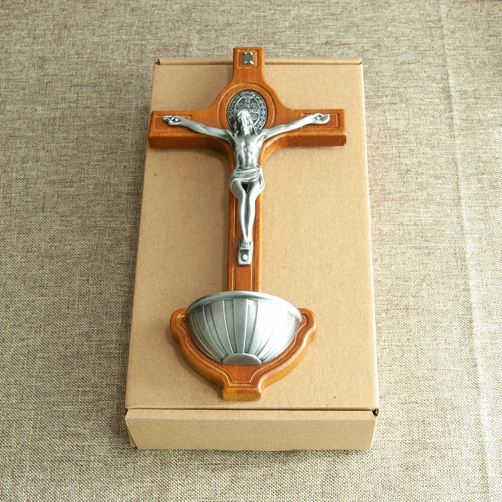 Wood Catholic cross with Jesus crucifix, St. Benedict medal, 4.3-inch religious car or home decor, handmade Christian prayer altar piece.