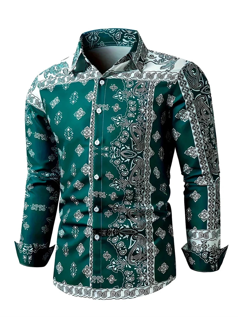Men's casual street printed shirt by Showlu Fashion, long sleeve collar shirt, perfect for spring and autumn fashion.