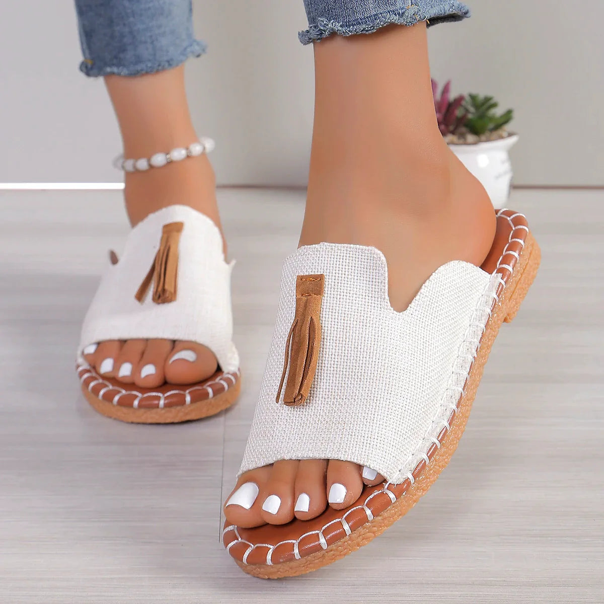 Women's HIXC Fringe Canvas Slides by SHOWLU FASHION STORE, casual summer beach flat sandals with fringe details and comfortable flat sole