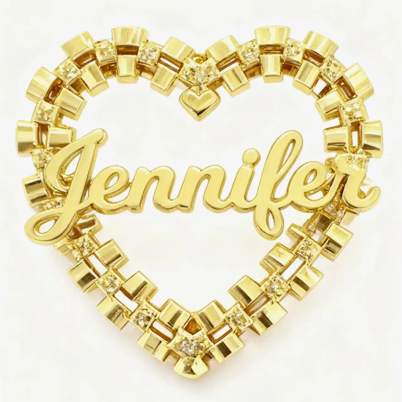 Personalized Showlu heart jewelry set with custom necklace and earrings featuring engraved names on silver-tone metal.