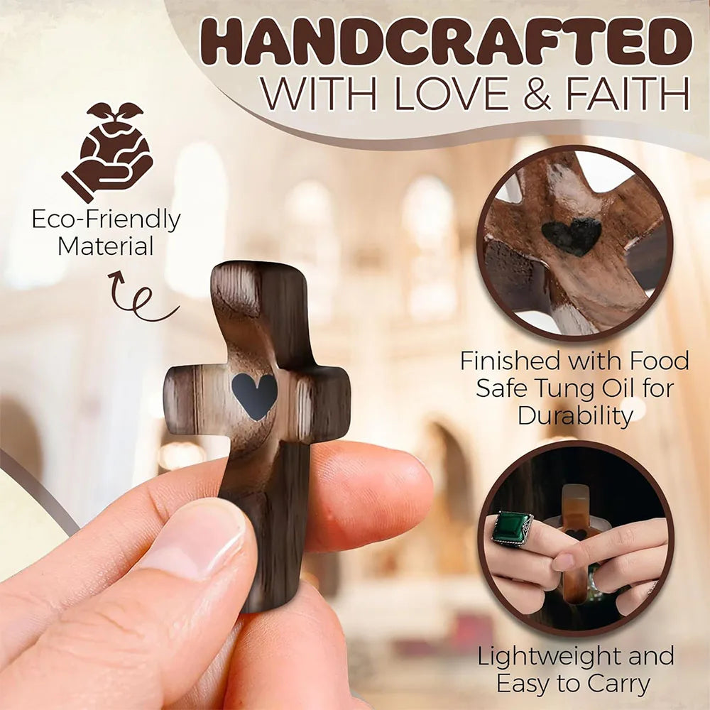 Black walnut wood pocket cross with spiritual design, ideal for prayer, faith, and stress relief, perfect Christian gift.