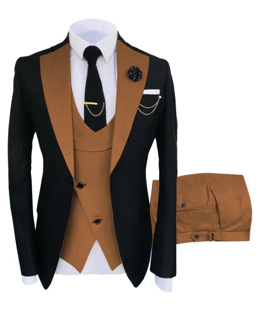 Men's luxury 3-piece tuxedo suit with jacket, trousers, and vest from Showlu Fashion, perfect for parties and formal events.