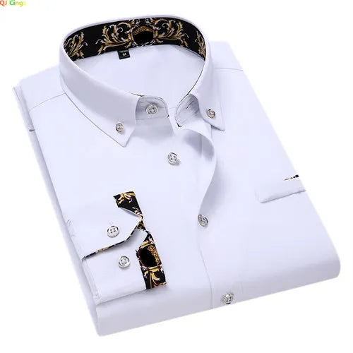 White men's casual long sleeve cotton dress shirt with a soft fabric, suitable for business or social occasions, by Showlu Fashion.