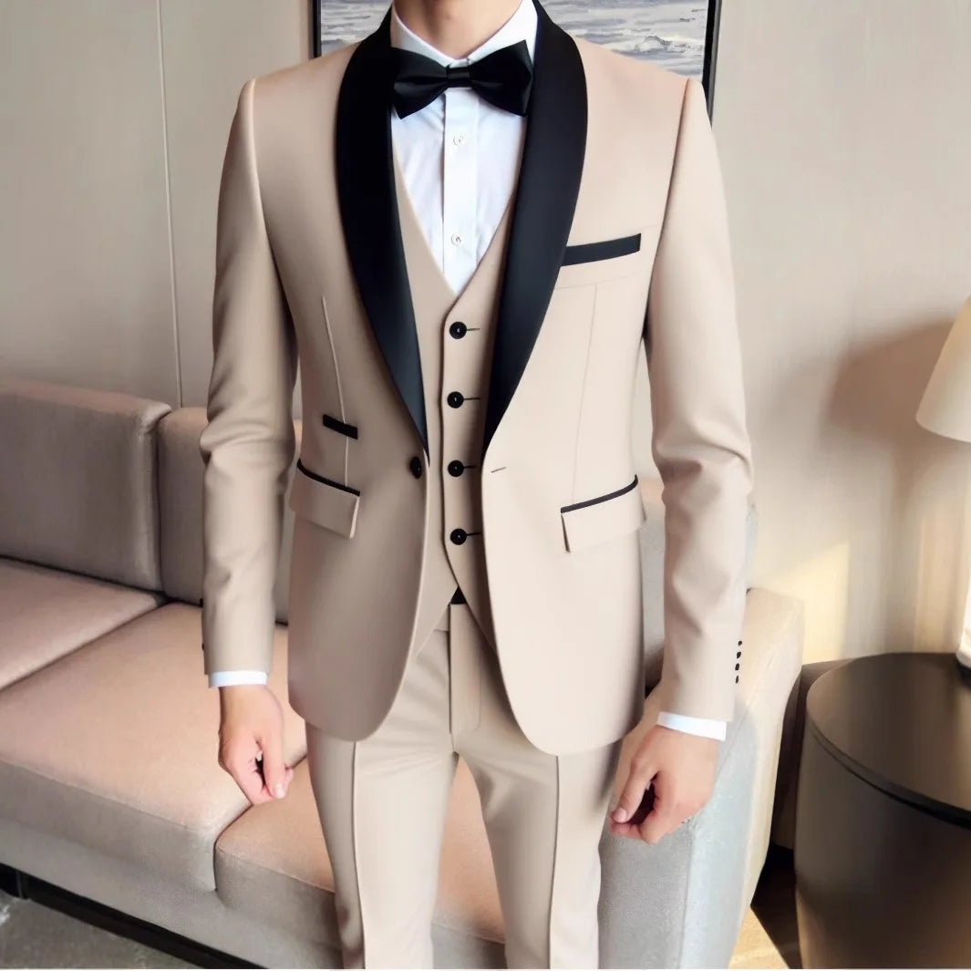 Men's 3-piece suit jacket, vest, and trousers set in high-quality fabric, suitable for formal, business, or wedding occasions.