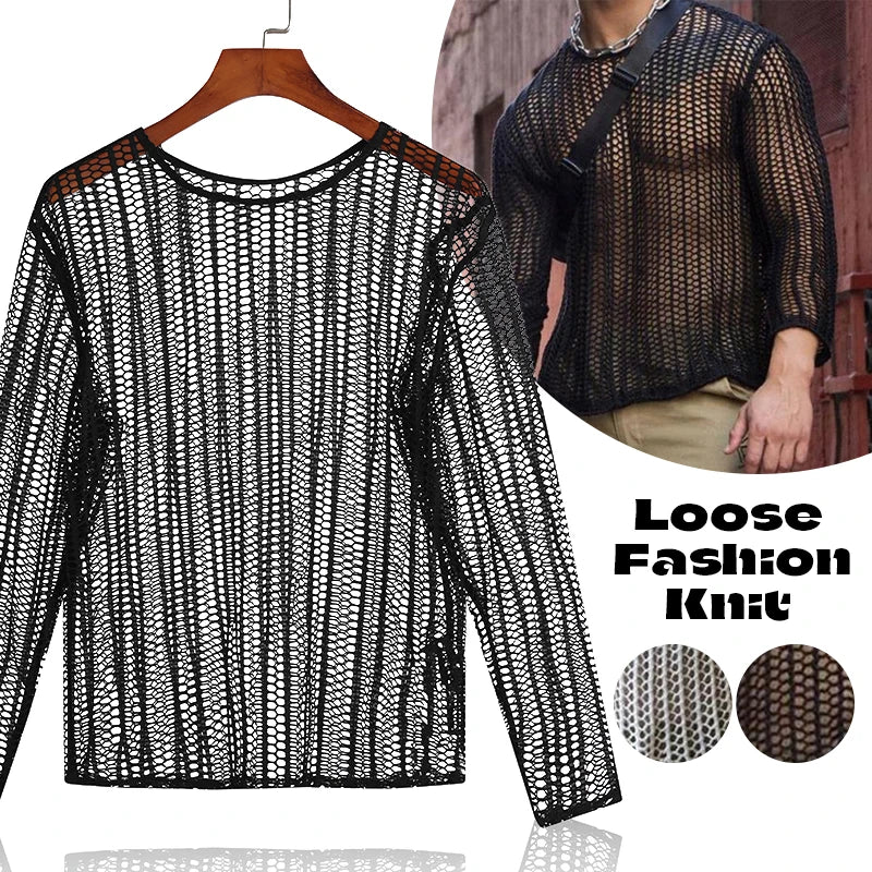 Mens Long Sleeve T-Shirts Sexy Sheer Mesh Fishnet Clubwear Tops Tee Outwear Gym Training  Hollow Out See Through Tops