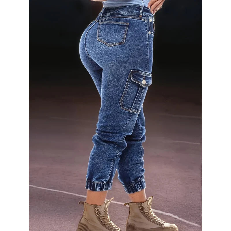 Distressed women's skinny cargo jeans in stretch denim from SHOWLU FASHION STORE, featuring a fashionable distressed design and slim fit.