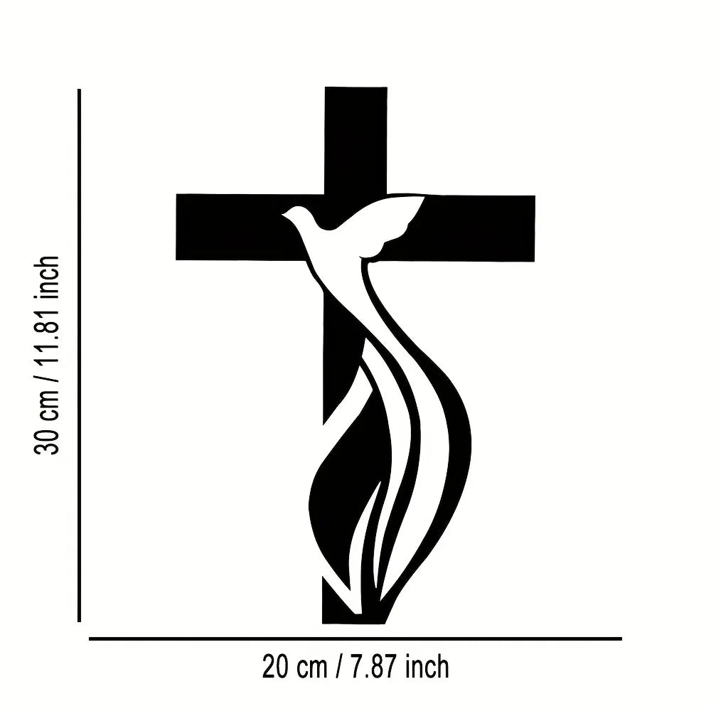 Dove and cross metal wall art by Showlu Fashion Store, minimalist iron home decor with dove and cross design on a neutral background.
