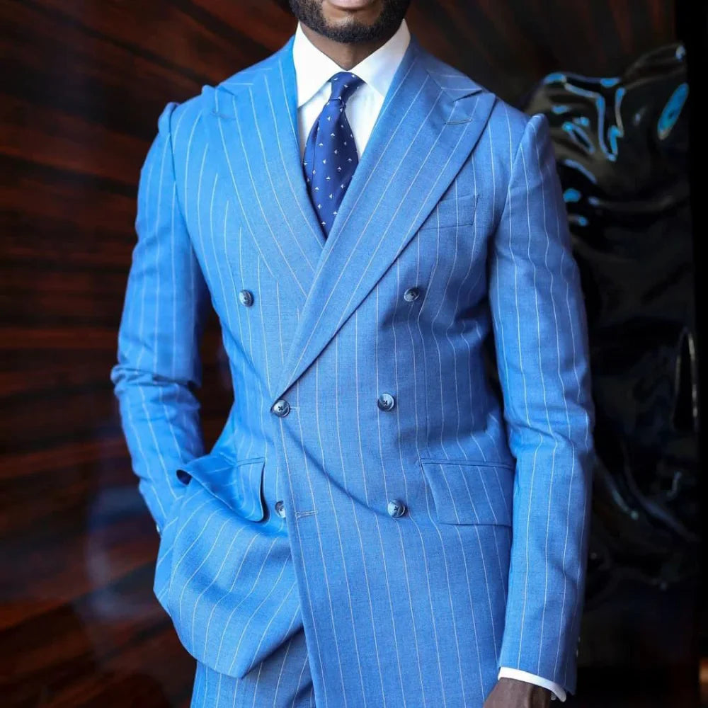 Blue pinstripe men's suit by SHOWLU FASHION STORE, double-breasted 2-piece slim fit formal suit with tailored design.