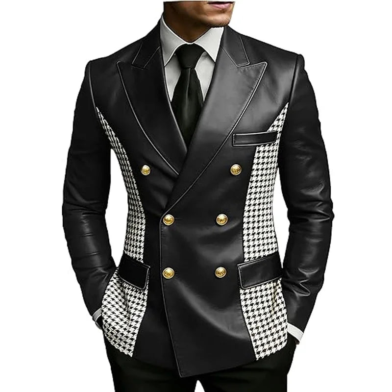 Men’s brown leather blazer with houndstooth sides, double-breasted style, gold buttons, slim fit, vintage tuxedo jacket by Showlu.