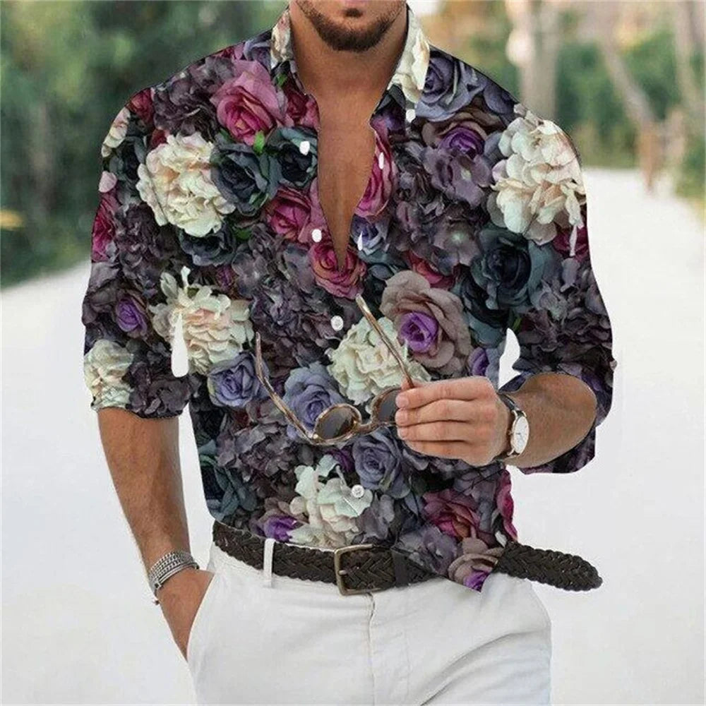 Men's long sleeve casual shirt with lapel and single-breasted design, stylish streetwear top in versatile fashion style.