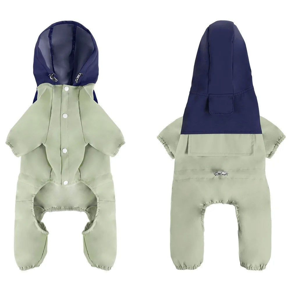 Reflective Showlu waterproof dog raincoat made of breathable nylon, designed for pet comfort and visibility in wet weather.