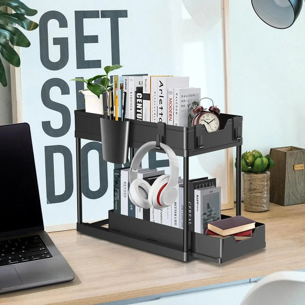 Showlu Smart General under sink organizer rack with multiple compartments for efficient bathroom or kitchen storage.