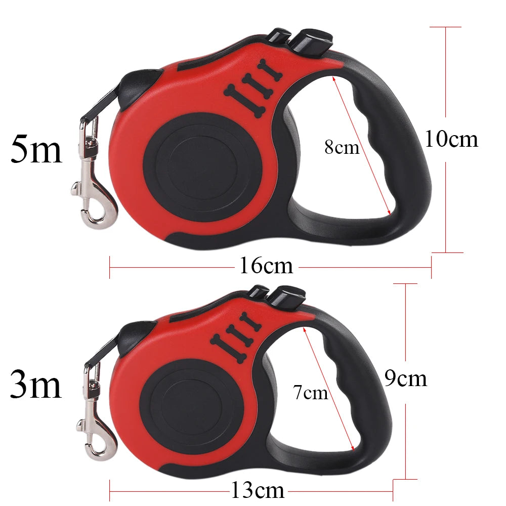 Durable nylon retractable dog leash for small dogs, 3m or 5m length, ideal for outdoor walks, travel, and hiking.