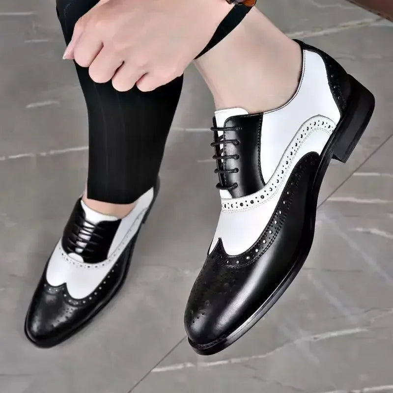 Classic men's lace-up dress shoes by Showlu Fashion, pointed toe, formal business casual footwear for men, including plus sizes.