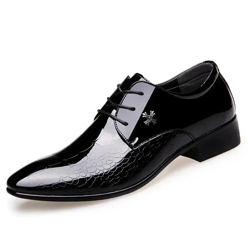 Men's luxury patent leather Oxford shoes with pointed toe, ideal for weddings, by Showlu Fashion Store.