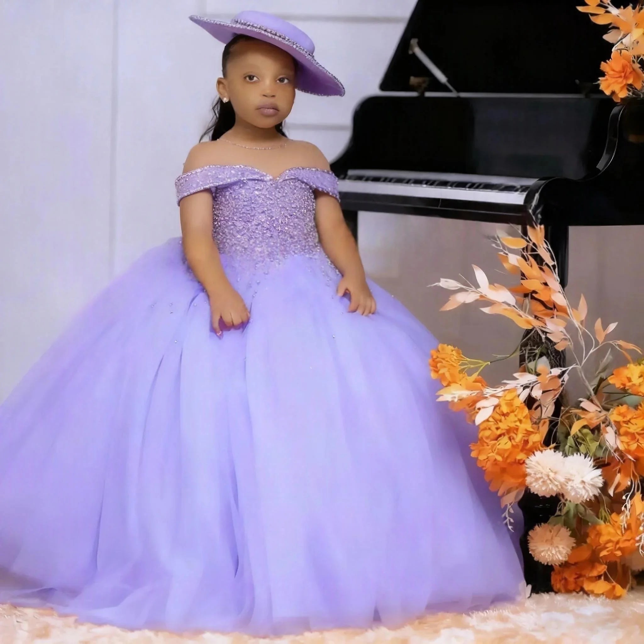 Custom Orange Off Shoulder Beaded Tulle Flower Girl Dress First Christmas Wedding Party Princess Gown فساتين اطفال س