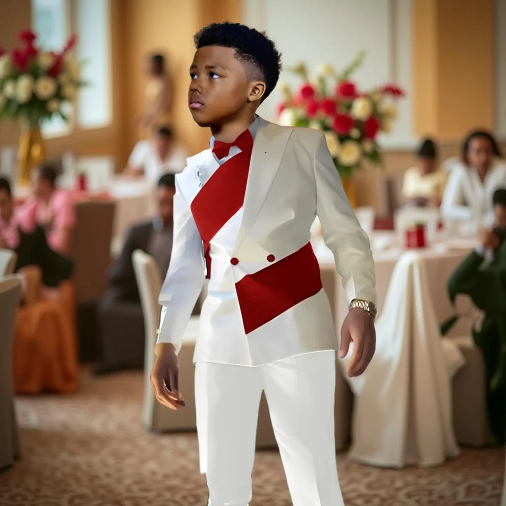 White satin boys' suit set with double-breasted jacket and pants, slim fit tuxedo for boys aged 2-16, elegant wedding attire.