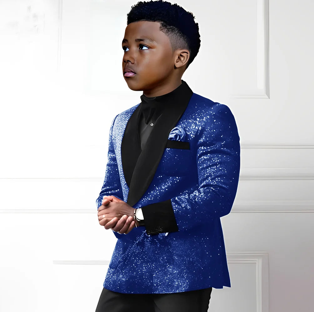 Sequin boys suit 2-piece set with double-breasted blazer and pants, suitable for kids' wedding and formal occasions.