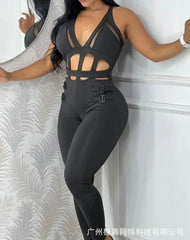 Women's jumpsuit 2025 summer new sleeveless new fashionable hollow camisole buckle comparison mesh tight jumpsuit SHOWLU FASHION STORE